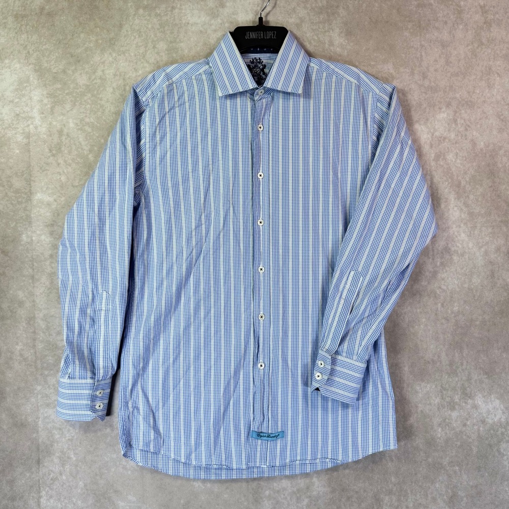 English Laundry Button Mens 15 32/33 Blue Gingham Striped Cotton Shirt Preppy